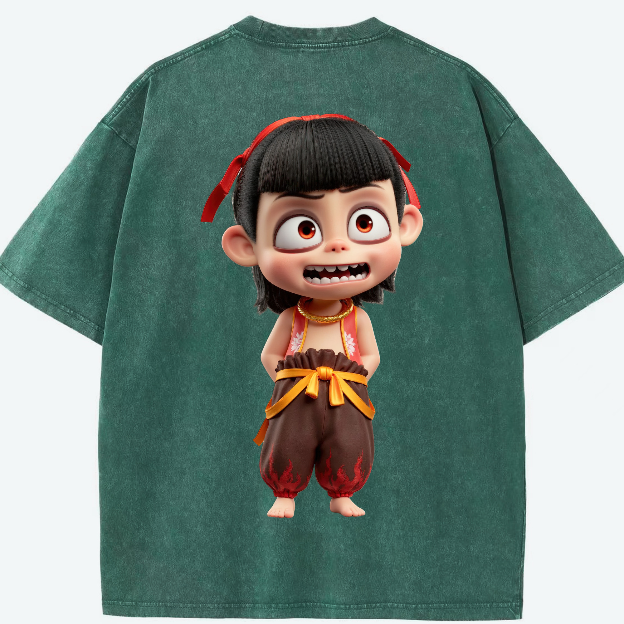 （画像用） Ne Zha 2 ナタ 魔童の大暴れ 綿100% ヴィンテージ風 半袖Tシャツ（背面プリント）